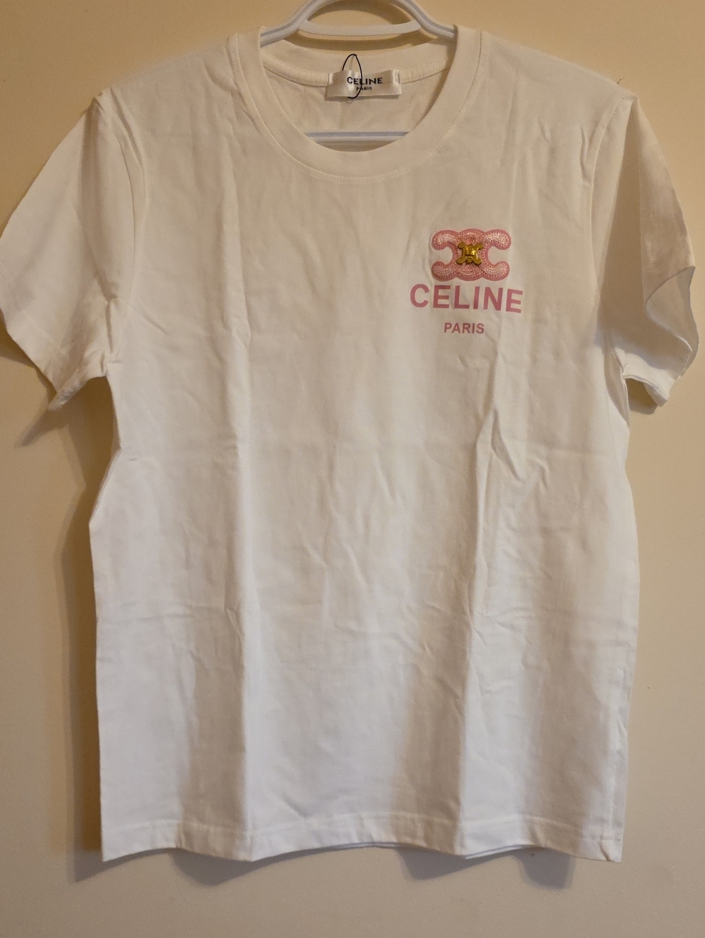 Celine White Tee with Pink & Gold Logo